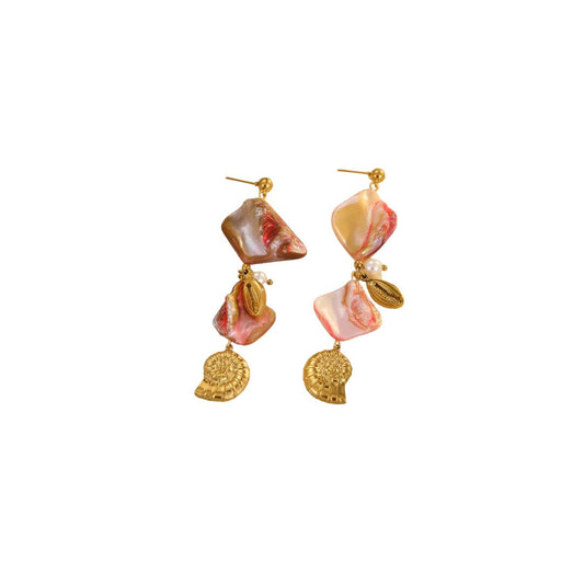 Pink stone gold shell earrings